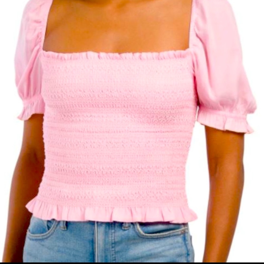 Anthropologie DOLAN Pink Smocked Cropped Top Puff Sleeve